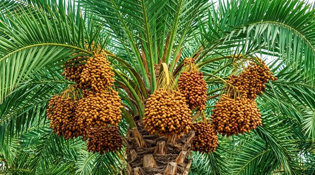 Close-up view of a lush date palm tree featuring multiple heavy, hanging clusters of ripening golden-brown dates, surrounded by vibrant, long, green feathery palm fronds in a natural orchard