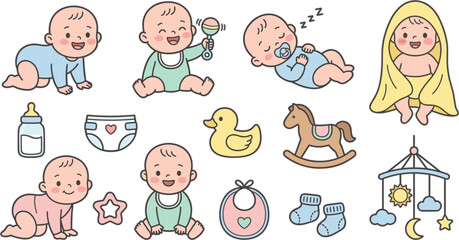 Cute cartoon baby care and newborn accessories sticker set with infant milestones vector illustration isolated