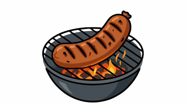 Grilled sausage, bratwurst, BBQ, smoke, tasty food, clean outline, modern vector, isolated white background.