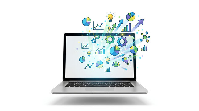 Laptop with Flying Gears and Data Charts for Creative Business Innovation