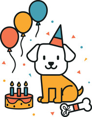 Fototapeta premium Cute puppy wearing a birthday hat with balloons and cake