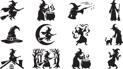 Fototapeta premium Collection of black silhouettes showing witches in various activities, including flying on broomsticks, brewing potions, and casting spells