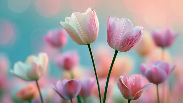 Soft pink tulip flower bloom with delicate petals spring garden featuring blurred pastel background and gentle bokeh light effect