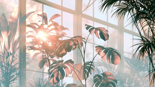 Indoor plant bathed warm sunlight through large window, peaceful light illuminating lush green leaves with soft shadows
