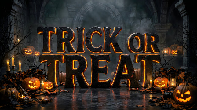 Trick or treat stone relief lettering with jack-o-lanterns and candlelight for horror themed halloween garden scenes.