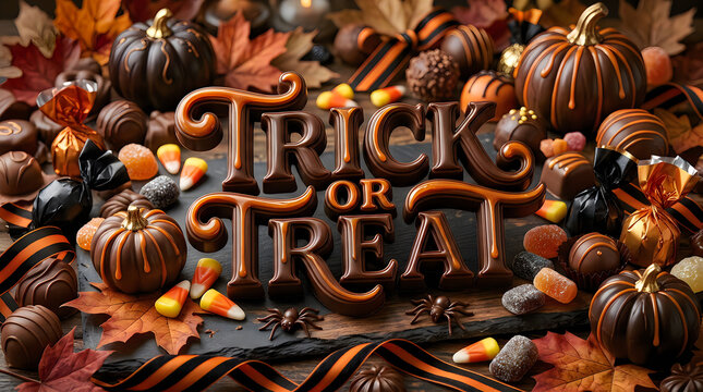 Trick or treat text design with chocolate pumpkins and candies for sweet halloween autumn season celebrations.