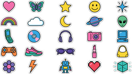 Fototapeta premium Cute Retro Y2K Sticker Vector Set Featuring Kawaii Nineties Flip Phone Alien Gamepad Camera and Tech Icons for Nostalgic Graphic Designs