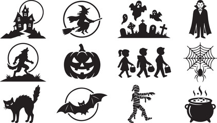 Fototapeta premium Halloween set featuring black silhouettes of witches, vampires, werewolves, pumpkins, mummies, bats, and haunted houses for projects