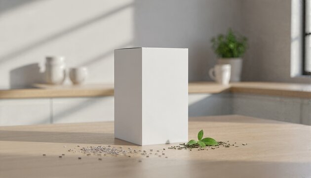 Premium tea box on a rustic counter with dried botanicals
