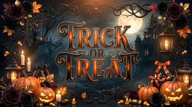 Trick or treat typography with haunted mansion silhouette and roses for spooky halloween elegant festive backgrounds.