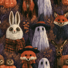 Naklejka premium Cozy autumn woodland pattern with fox, rabbit, deer, owl, and ghost wearing scarves and witch hats in warm colors