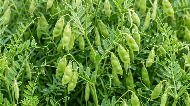 Close-up view of a lush green lentil field with numerous small, plump, light green pods hanging from thin, delicate stems and feathery pinnate leaves, capturing the growth of a legume crop