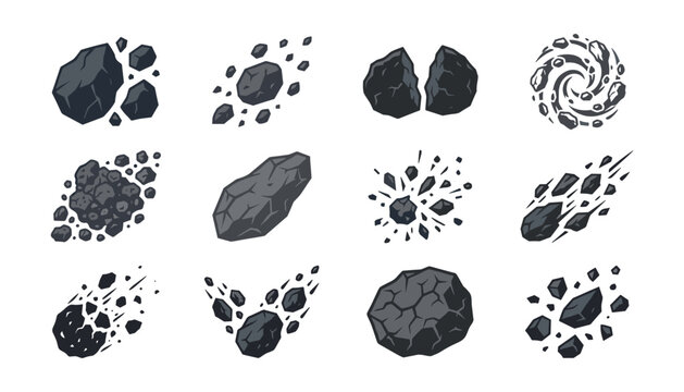 Cartoon space debris and exploding asteroid vector icon set