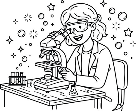Cute cartoon line art coloring page illustration of a happy female scientist looking through a microscope in a laboratory