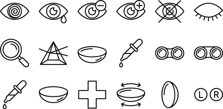Ophthalmology and optometry line icon set with contact lenses eye care drops vision correction tools and examination symbols