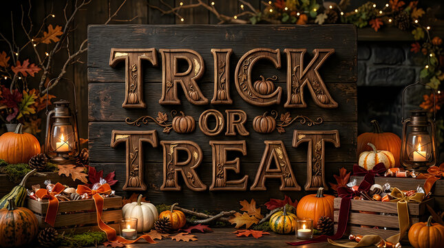 Rustic carved wooden sign with trick or treat text surrounded by fall harvest pumpkins and lanterns.