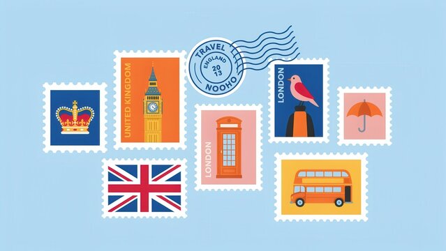 Set of postage stamps with iconic london symbols