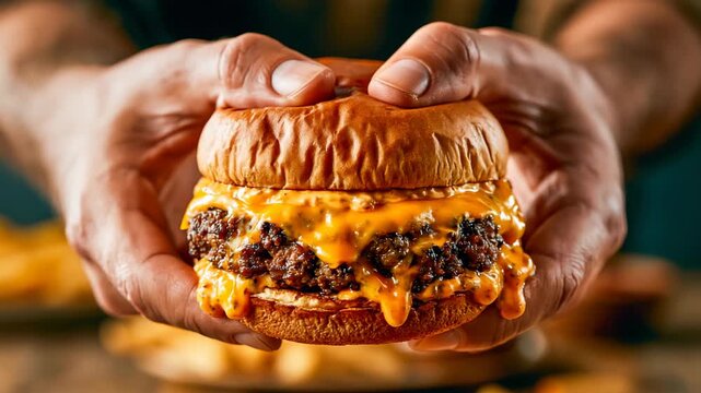 First Person Hands Compressing Thick Cheeseburger Closeup