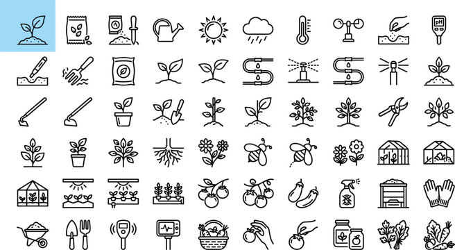 Smart farming and smart agriculture line icon set containing gardening greenhouse irrigation tools plant growth and harvesting symbols