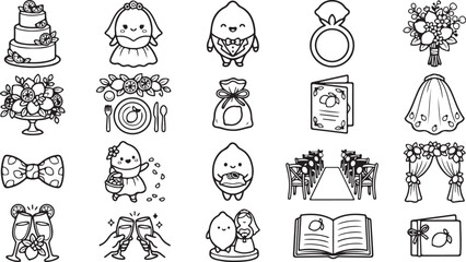 Wedding and marriage ceremony set, black and white line doodles featuring wedding cake, bride, groom, ring, bouquet, and flowers