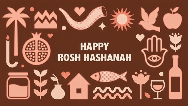 Happy rosh hashanah greeting card with traditional jewish symbols