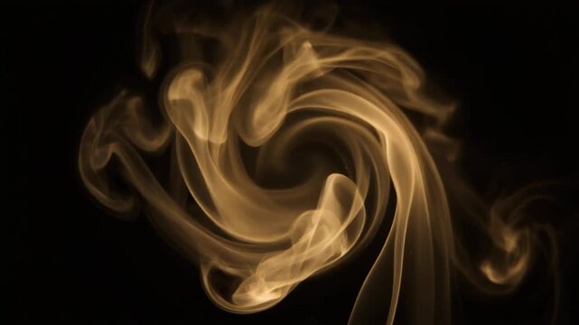 Luminous champagne-gold smoke spirals slowly through complete darkness, delicate vapor layers curling and expanding with embedded glowing particles &mdash; ideal for luxury fragrance and premium overlays.
