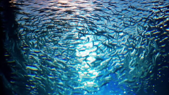 Large shoal of sardines swimming in circular motion inside deep blue aquarium tank.