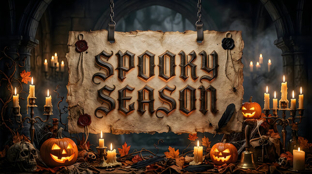 Spooky season text on parchment paper in gothic interior with candles and pumpkins.