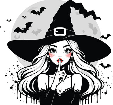 Beautiful Halloween Witch Vector Illustration with Full Moon and Bats Background, Mysterious Girl Making Shhh Gesture for Spooky Holiday Designs, Gothic Anime Style Graphic Art