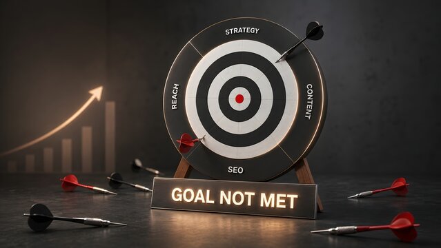 Dartboard with missed darts and glowing goal not met text sign. Concept of digital marketing failure, SEO strategy evaluation, and business loss.