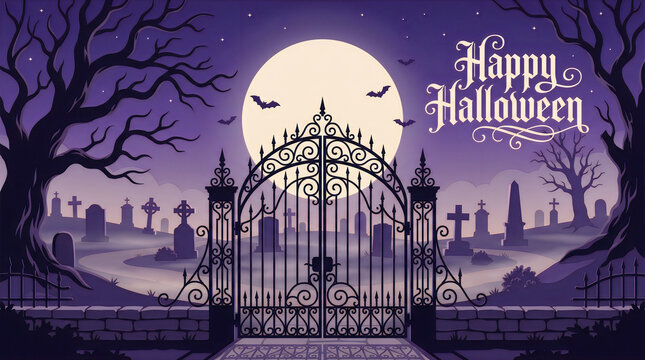 A spooky halloween background featuring an iron gate leading into a dark graveyard under a large full moon at night