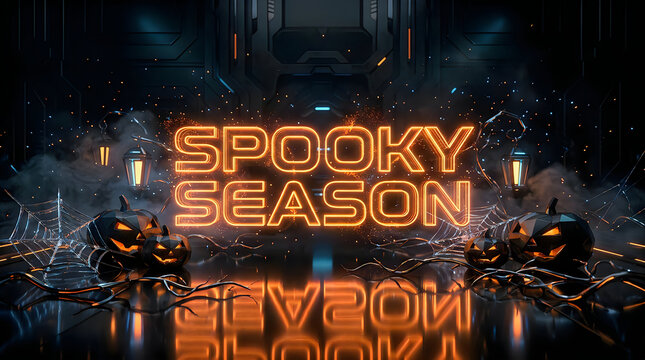 Spooky season neon glowing text with jack o'lanterns in a futuristic setting for halloween.
