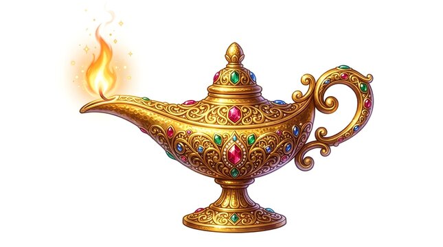 Ornate golden magic lamp with glowing flame isolated on white background