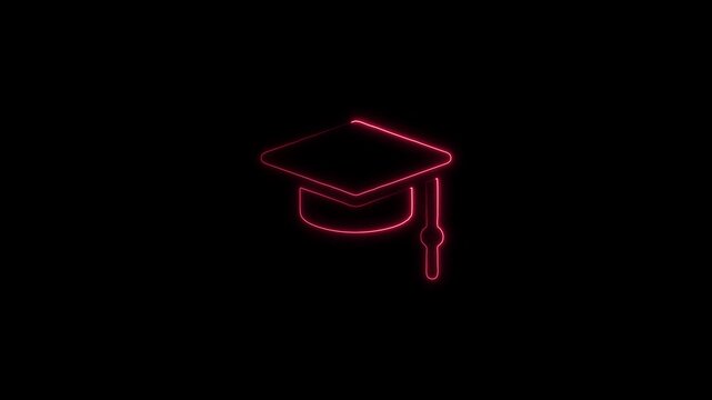 red color Neon line Graduation cap animation on black screen background. University or college graduation hat with tassel. Education animated icon. 4k video