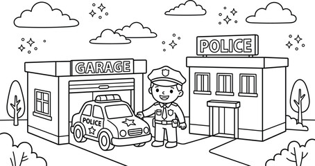 Cute police officer standing by station building and garage with patrol car vector coloring book page outline vector illustration © Sojol