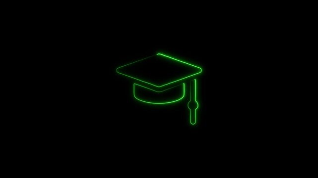 green color Neon line Graduation cap animation on black screen background. University or college graduation hat with tassel. Education animated icon. 4k video