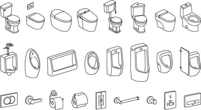 Bathroom ceramic sanitary ware icon collection containing modern toilets wall urinals flush buttons and paper roll holders vector