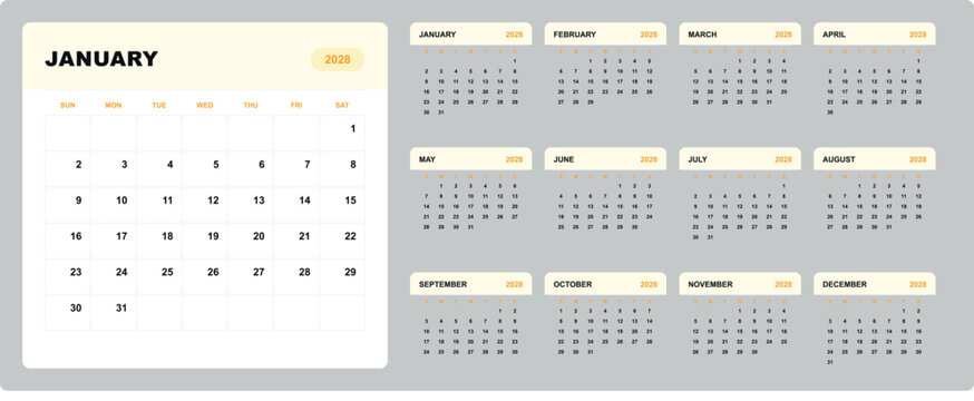 January 2028 calendar template with golden dates and minimalist monthly planner design layout