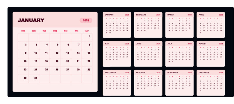 January 2028 calendar template with red highlights and minimalist monthly planner design