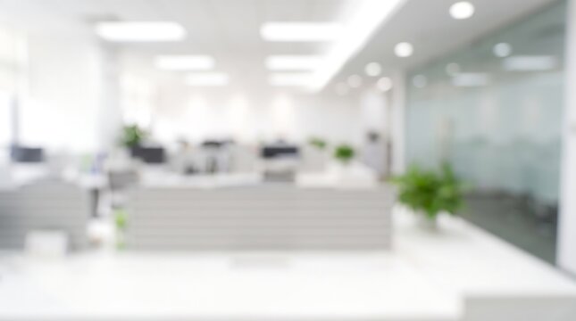 Modern open plan office interior with blurred workstations and meeting areas showing bright professional workspace environment for corporate business and technology industry concepts