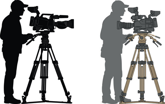 Professional cameraman videographer operating television studio broadcasting camera on heavy tripod isolated vector illustration set