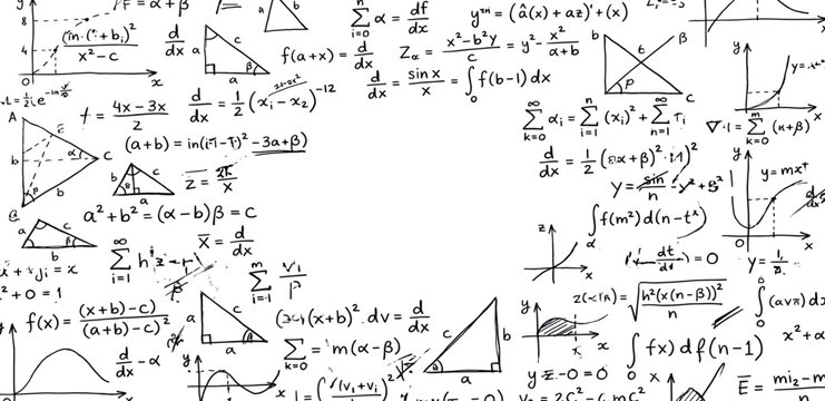 Mathematical Equations and Formulas: A collage of handwritten mathematical equations, geometric shapes, and calculus formulas fills the frame, showcasing the complexity and beauty of abstract science.