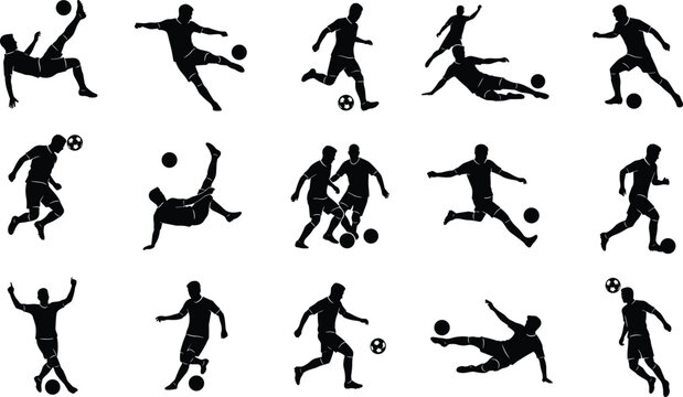 Professional soccer players actions poses collection featuring football athletes dribbling kicking running shooting vector illustration