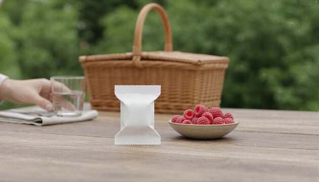 Premium white matte snack wrapper on a sunlit garden table with summer fruit