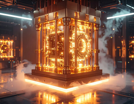 Advanced Quantum Computing Server Unit with Glowing Gold Core