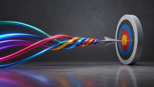 Colorful twisted metallic wires forming an arrow hitting center of target board on grey floor. Concept of synergistic business strategy, team collaboration goal, and unified corporate direction.