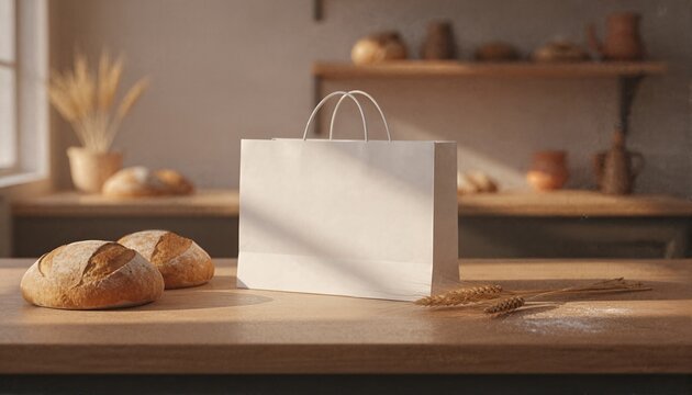 Premium white shopping bag on a rustic wooden counter with fresh artisanal bread