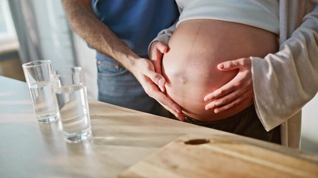 Partners hands cradling pregnant belly close up. Couple embracing baby bump.