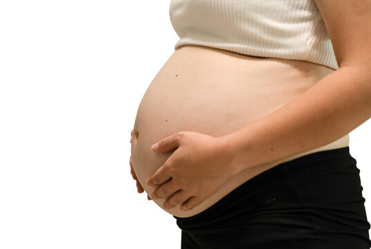 Side view of a pregnant belly cradled by both hands in a white top, cut out and isolated on a transparent background.