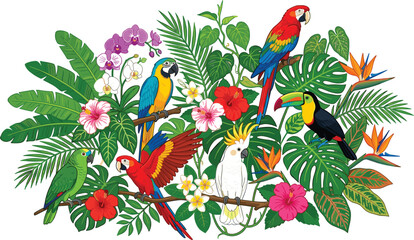Naklejka premium Tropical Jungle Botanical Composition with Colorful Parrots, Macaws, Toucan, Exotic Flowers, Monstera Leaves, Palm Foliage, Ferns, and Vines